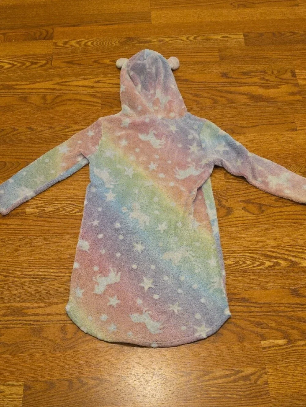 Kids Unicorn Hooded Fleece Nightgown - Pastel Rainbow Stars Size S (7/8)